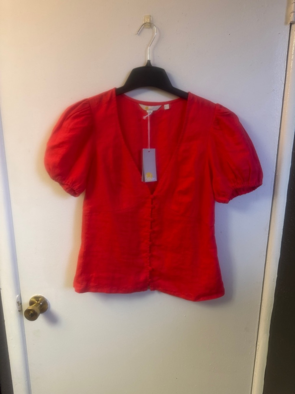 Boden Linen Coral-Red Puff-Sleeve V-Neck Button-Front Top - Picture 8 of 10